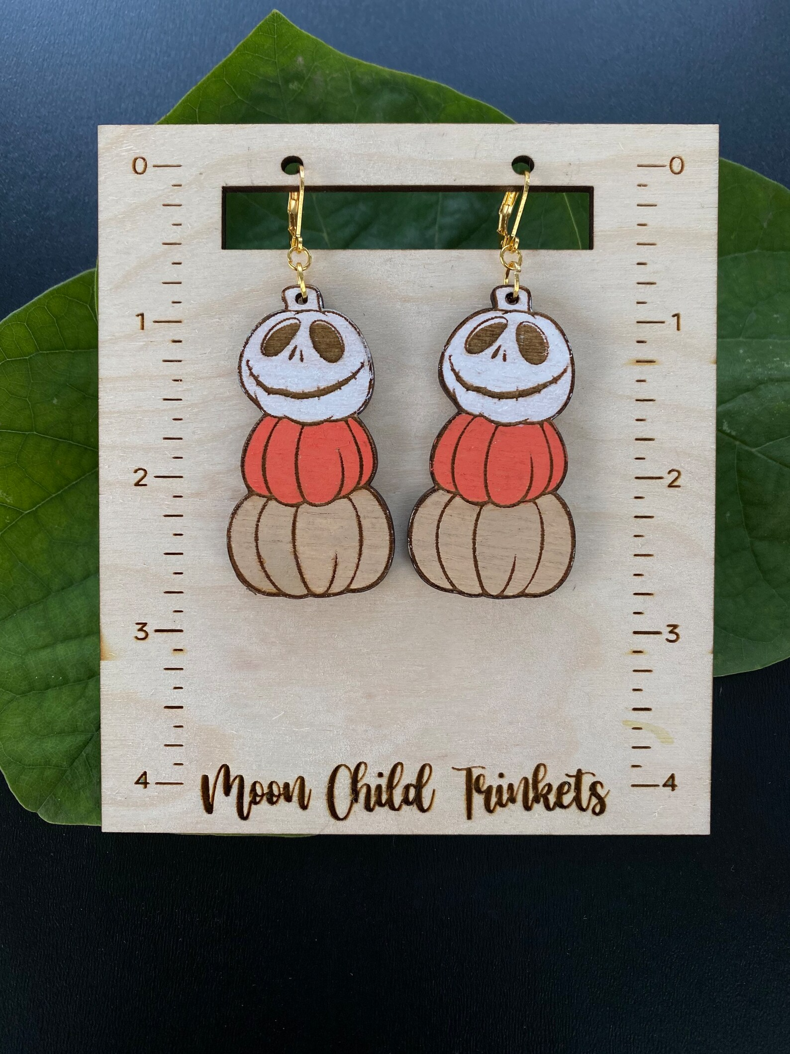 Halloween Jack Skellington Pumpkins Hand Painted Wood Huggie Hoop Back Dangle Earrings image 0