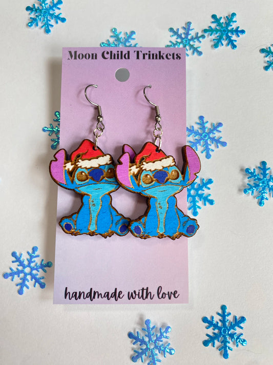 Santa Stitch Hand Painted Wood Dangle Earrings image 0