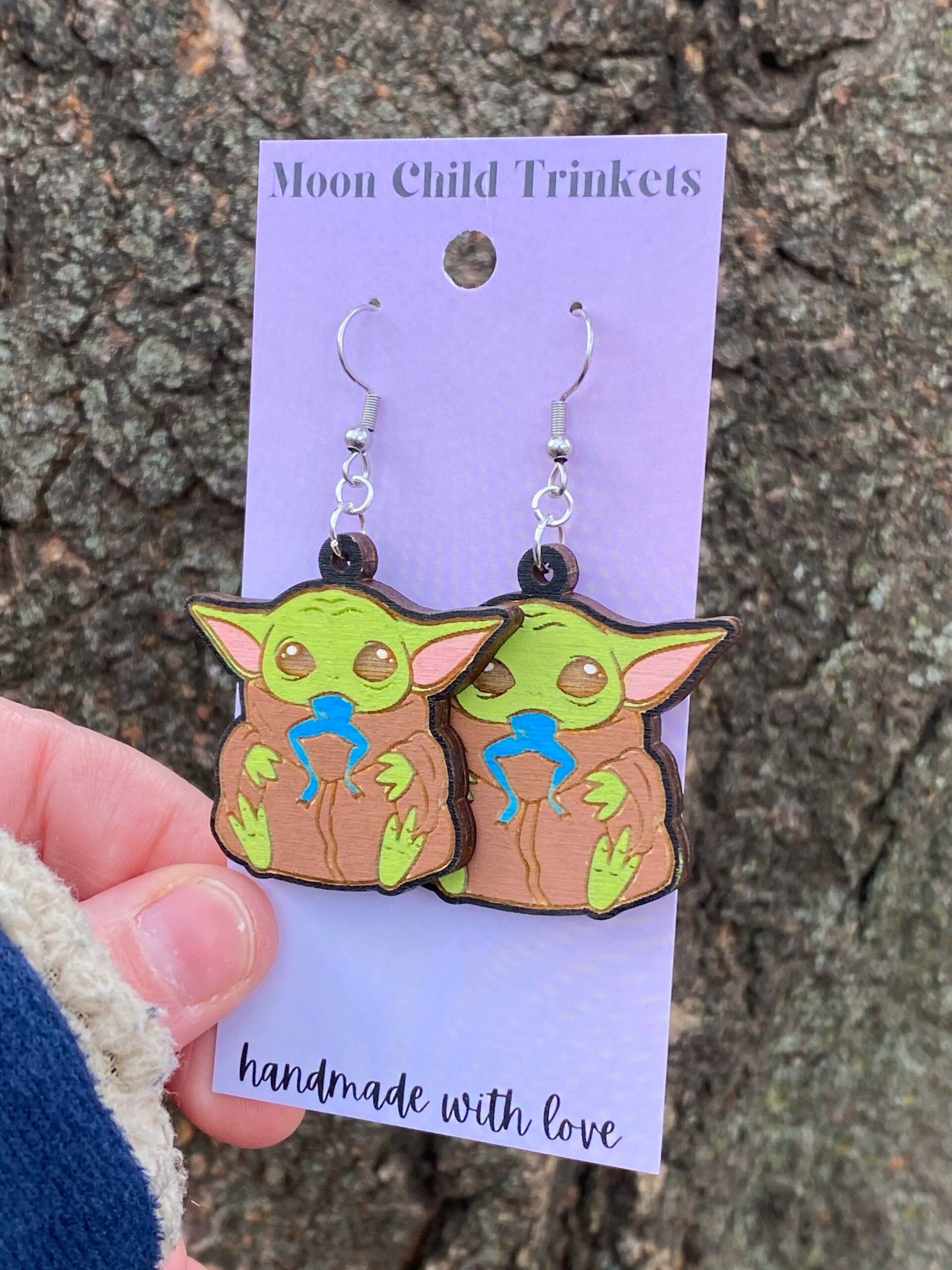 Baby Yoda Star Wars Hand Painted Wood Dangle Earrings image 1