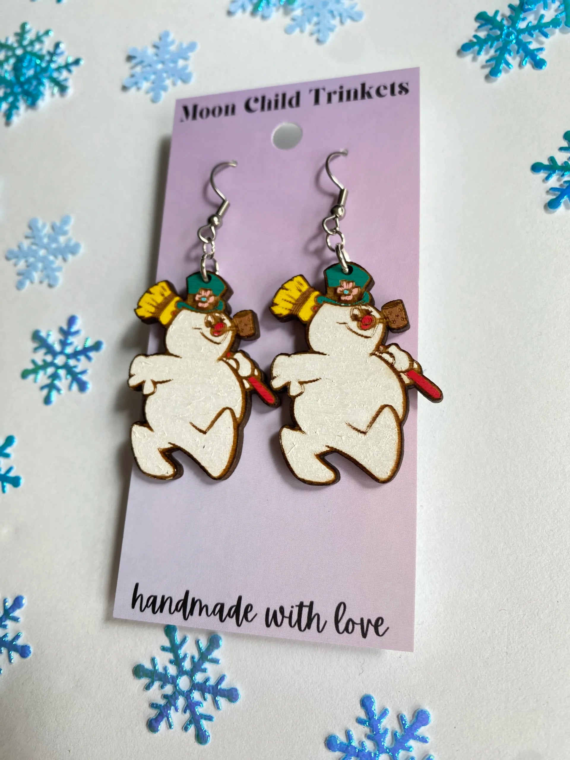 Frosty The Snowman Christmas Hand Painted Wooden Dangle Earrings image 3