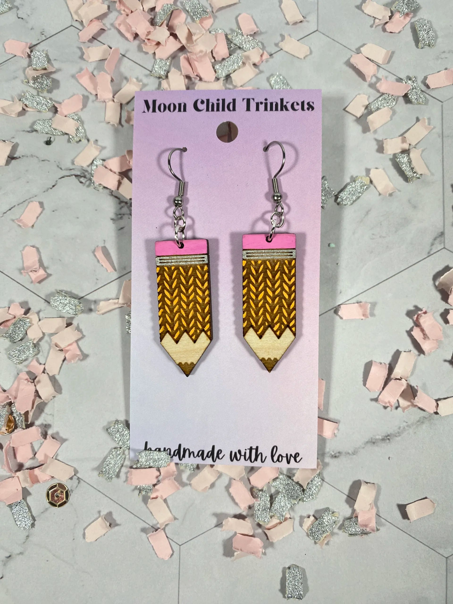 Chevron Print Pencil Hand Painted Wood Dangle Earrings image 0