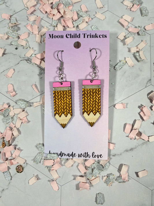 Chevron Print Pencil Hand Painted Wood Dangle Earrings image 0
