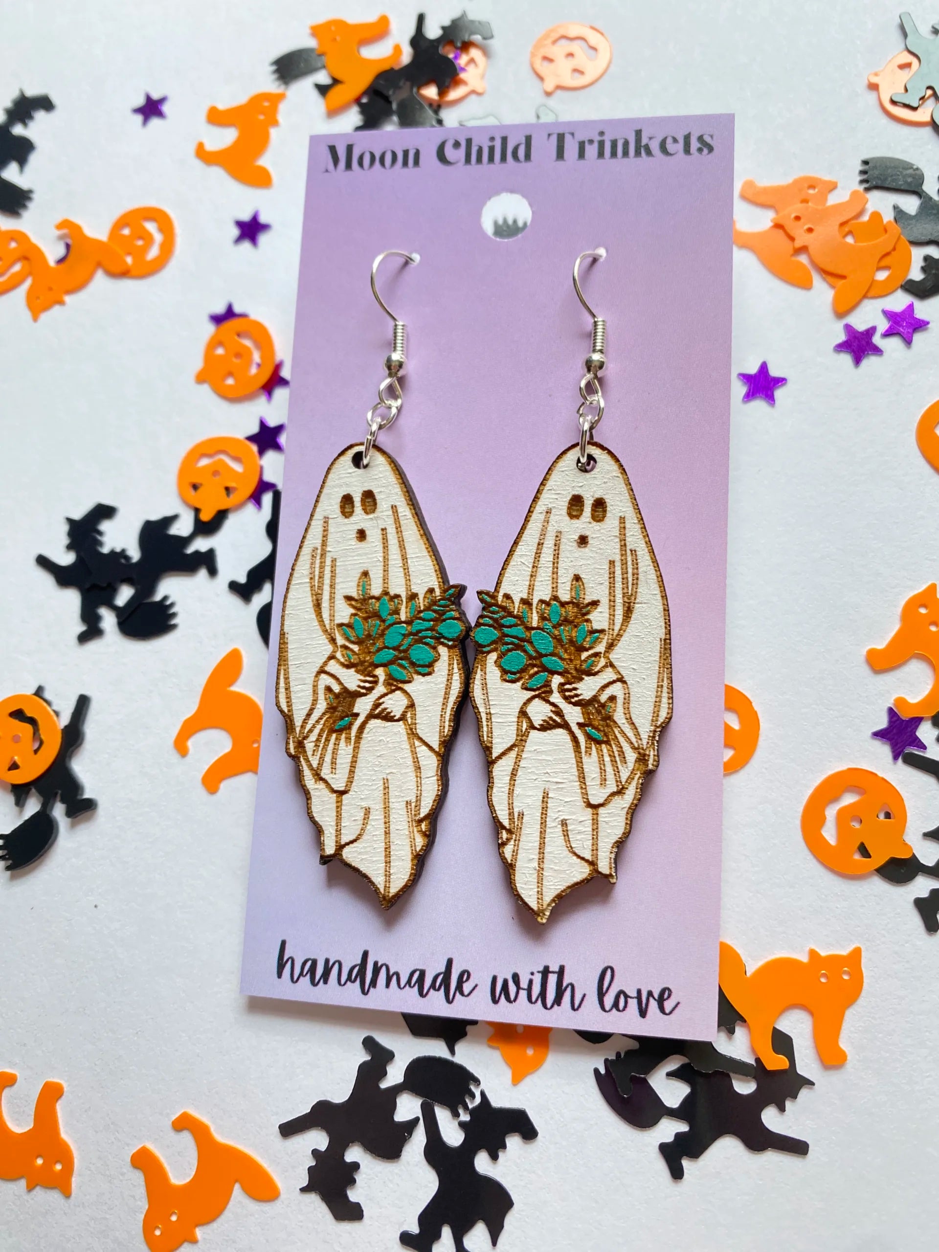 Floral Ghost Hand Painted Wood Earrings image 1