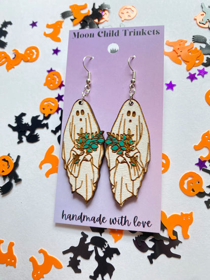 Floral Ghost Hand Painted Wood Earrings image 1