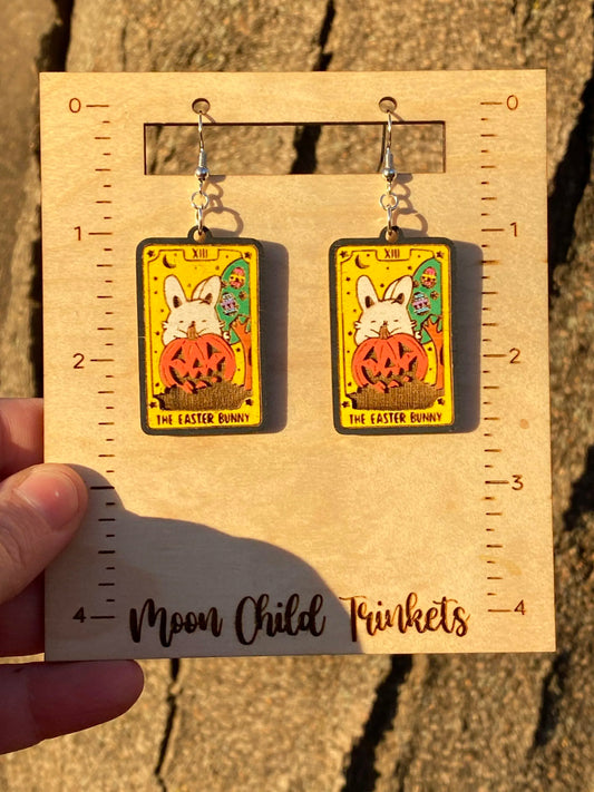 Easter Bunny Tarot Card Hand Painted Wood Dangle Earrings image 1