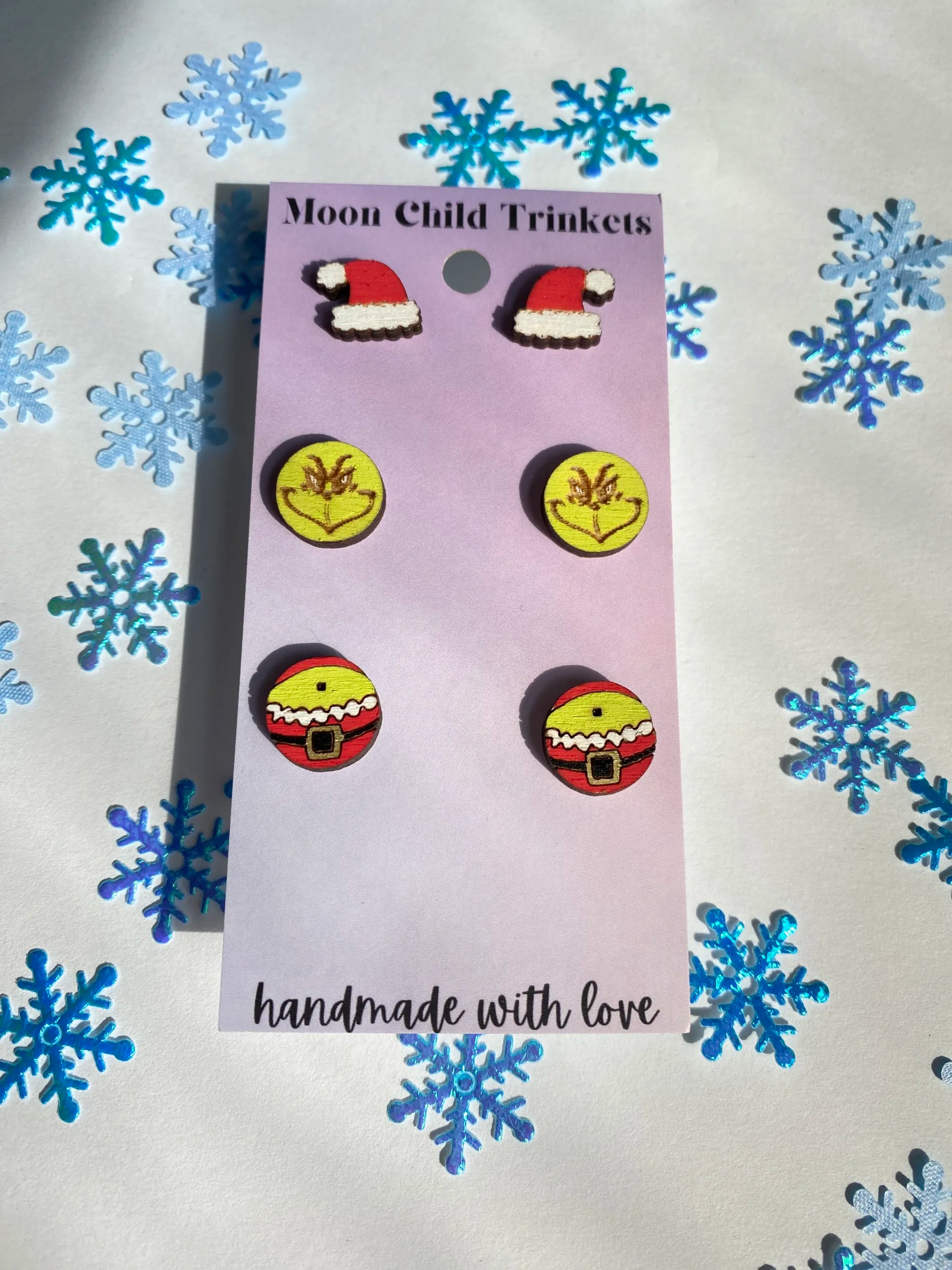 The Grinch Stud 3 Pair Bundle Wood Hand Painted Earrings image 1
