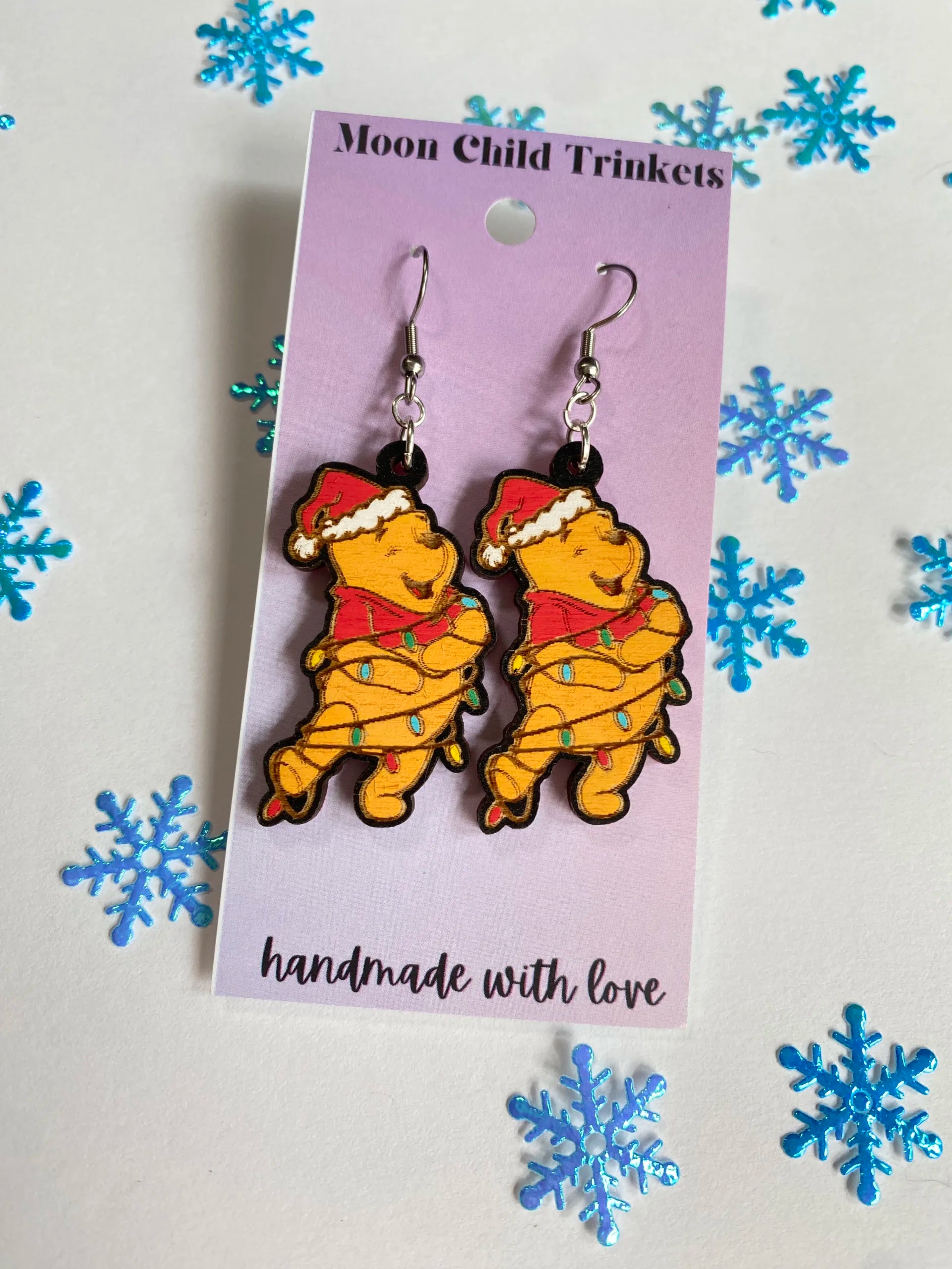 Santa Pooh Bear Hand Painted Wood Earrings image 1