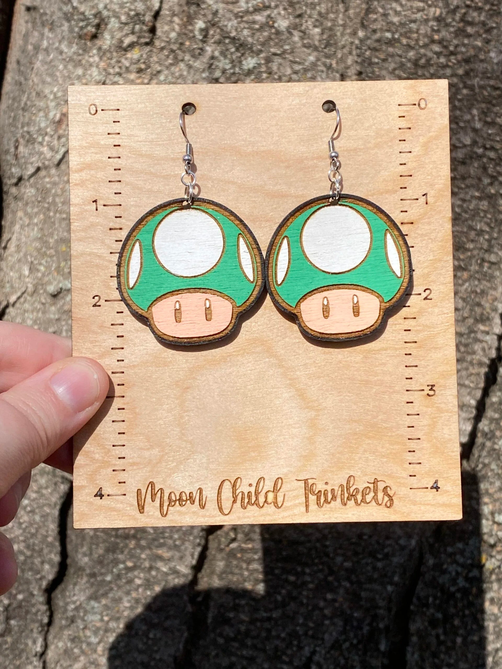 Super Mario Bros 1-UP Green Mushroom Power Up Hand Painted Wood Dangle Earrings image 2
