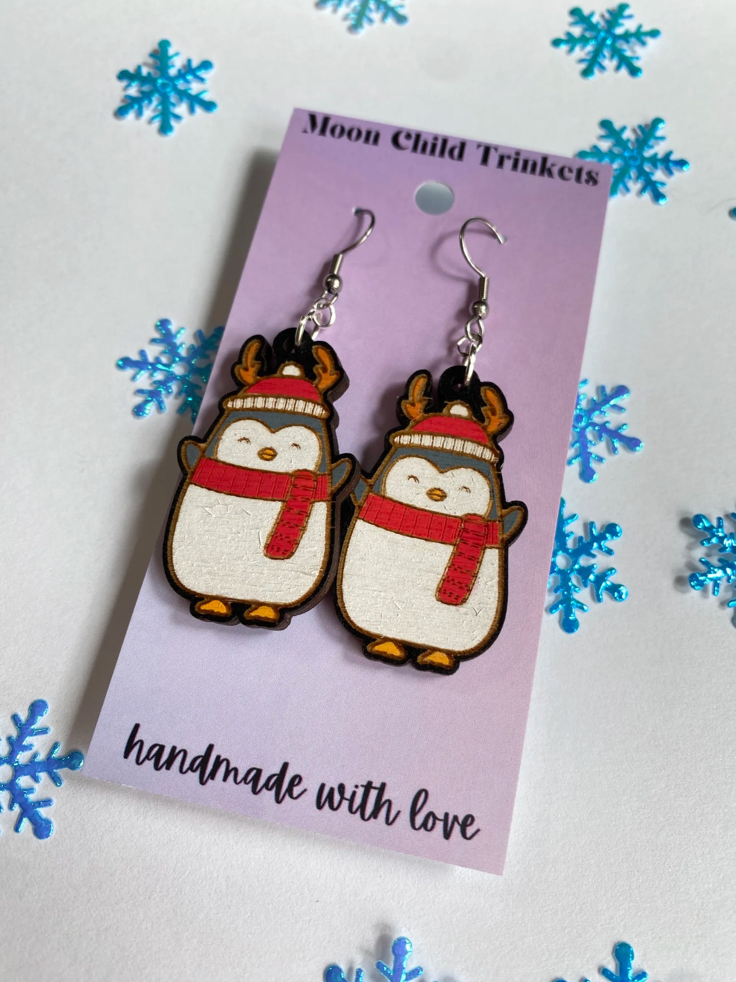 Christmas Penguin Hand Painted Wood Dangle Earrings image 1