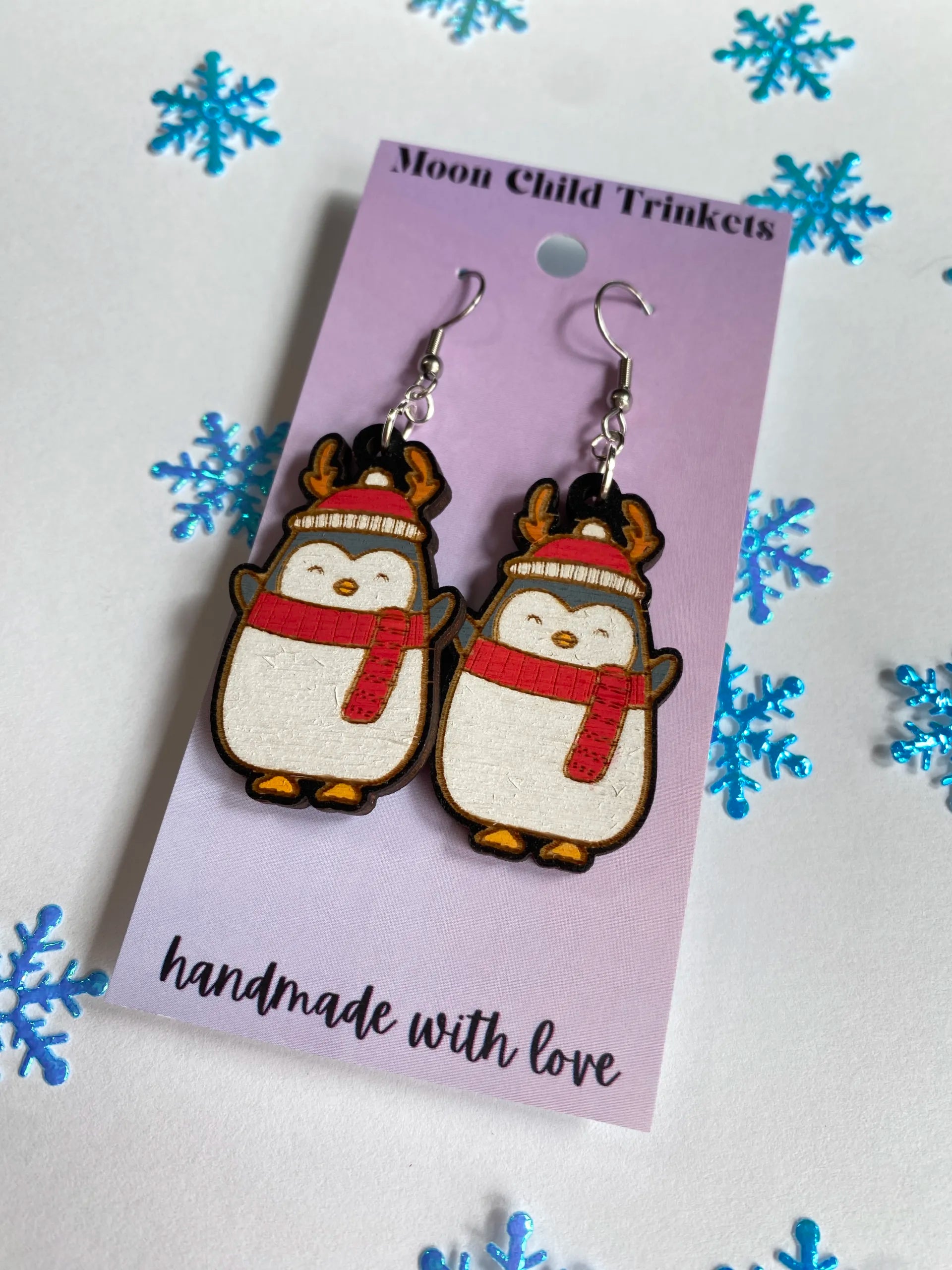 Christmas Penguin Hand Painted Wood Dangle Earrings image 1