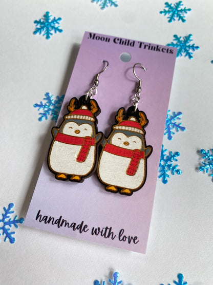 Christmas Penguin Hand Painted Wood Dangle Earrings image 1