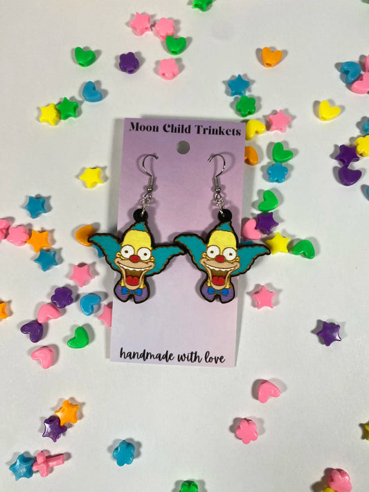 Krusty the Clown Hand Painted Wood Dangle Earrings image 0