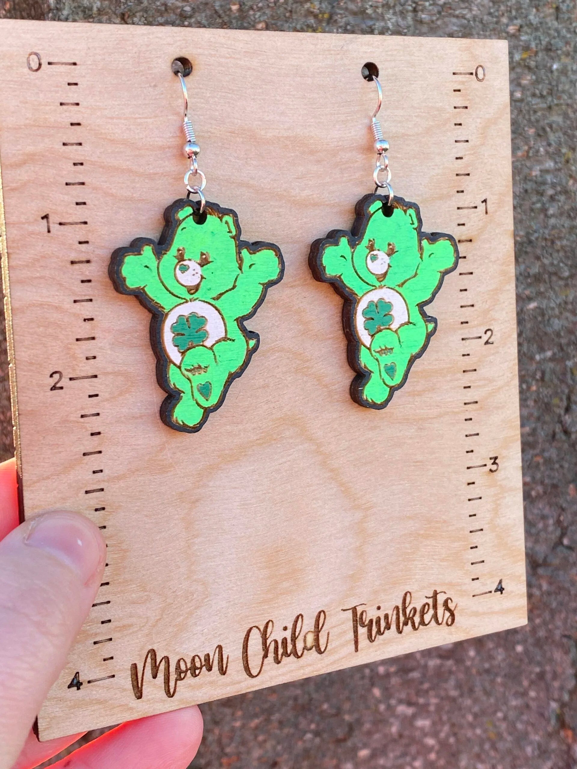 Good Luck Care Bear Hand Painted Wood Dangle Earrings image 1
