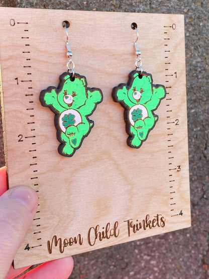 Good Luck Care Bear Hand Painted Wood Dangle Earrings image 1