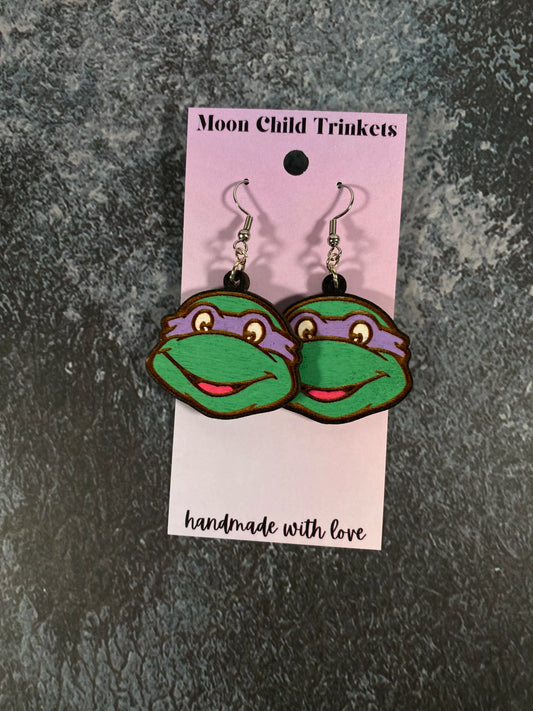 Donatello Ninja Turtle Hand Painted Wood Dangle Earrings image 0