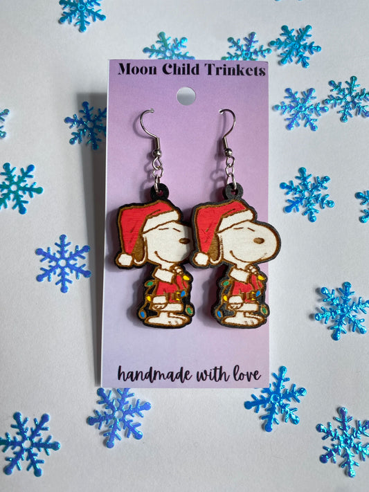 Santa Snoopy Peanuts Hand Painted Wood Dangle Earrings image 0