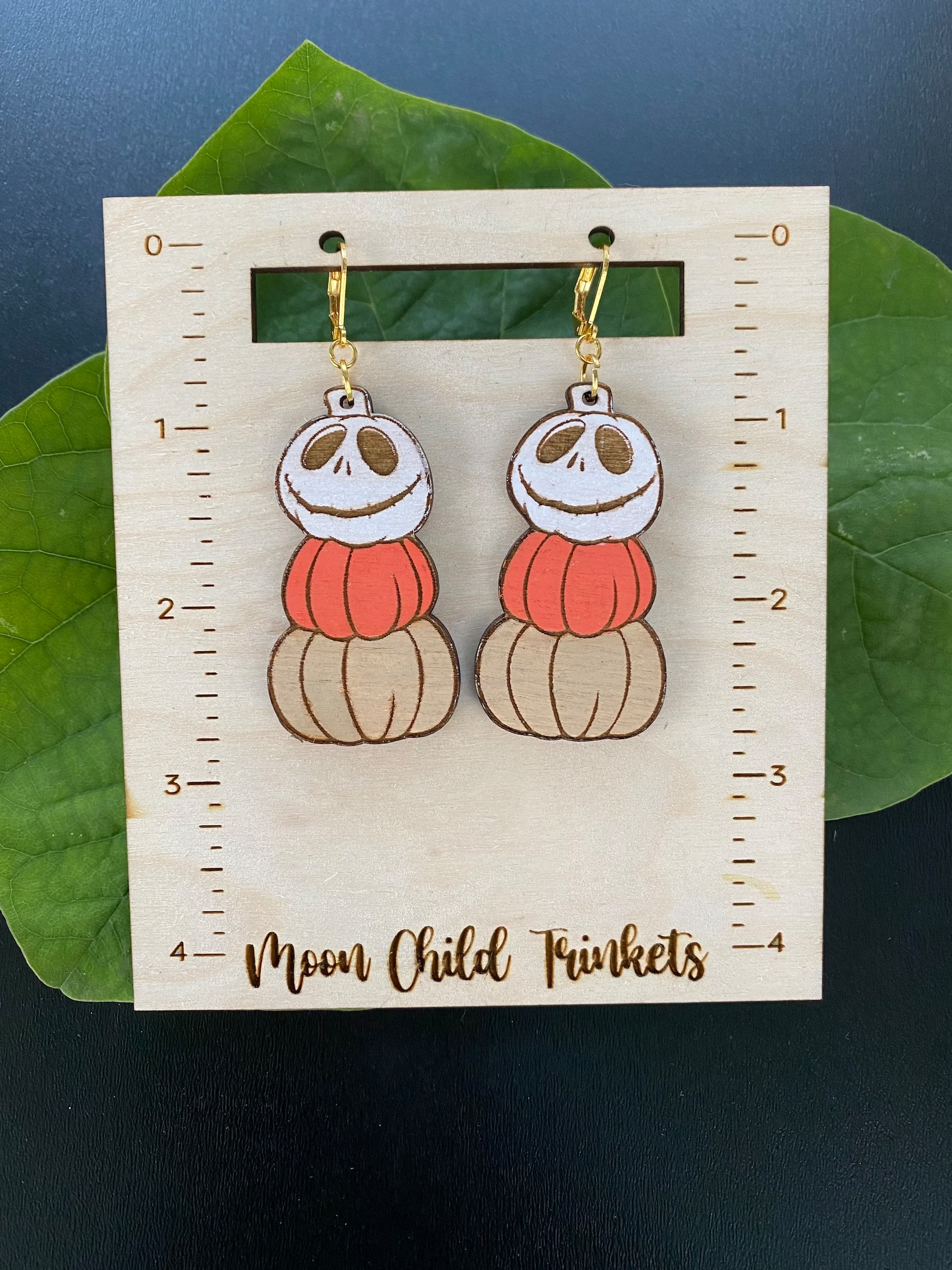 Halloween Jack Skellington Pumpkins Hand Painted Wood Huggie Hoop Back Dangle Earrings image 2
