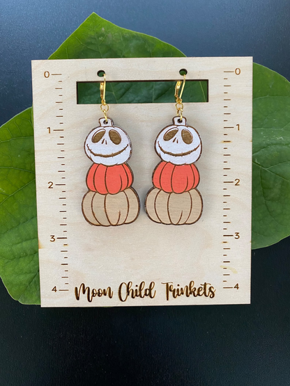 Halloween Jack Skellington Pumpkins Hand Painted Wood Huggie Hoop Back Dangle Earrings image 2