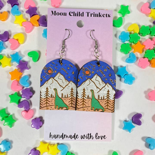 Dinosaur Extinction Hand Painted Wood Dangle Earrings