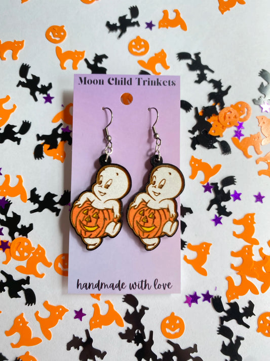 Casper Pumpkin Halloween Hand-Painted Wood Dangle Earrings image 0