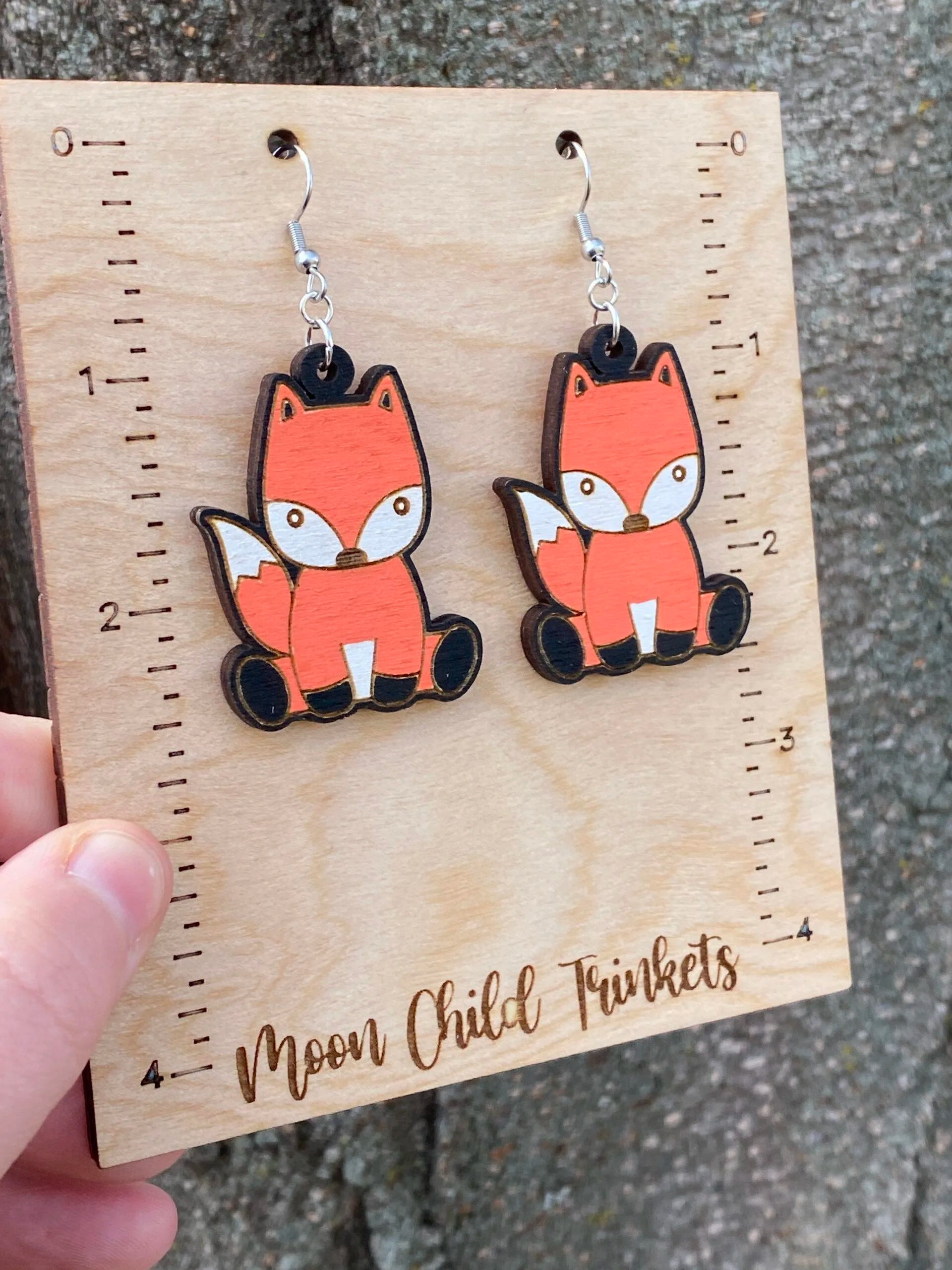 Fox Kawaii Hand Painted Wood Dangle Earrings image 1