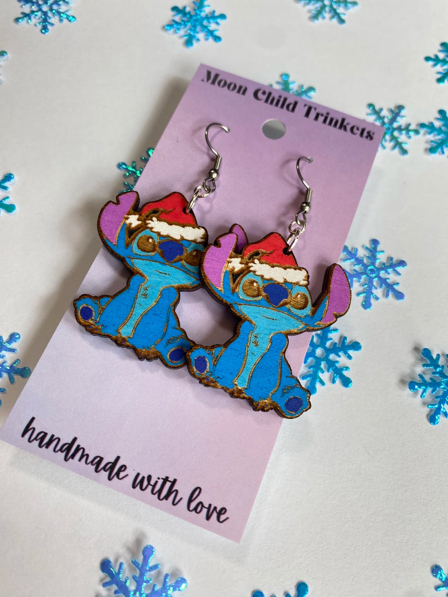 Santa Stitch Hand Painted Wood Dangle Earrings image 1