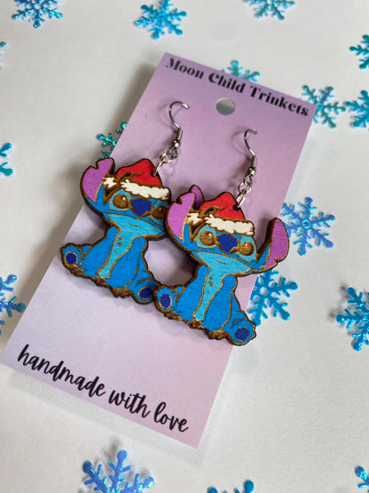 Santa Stitch Hand Painted Wood Dangle Earrings image 1
