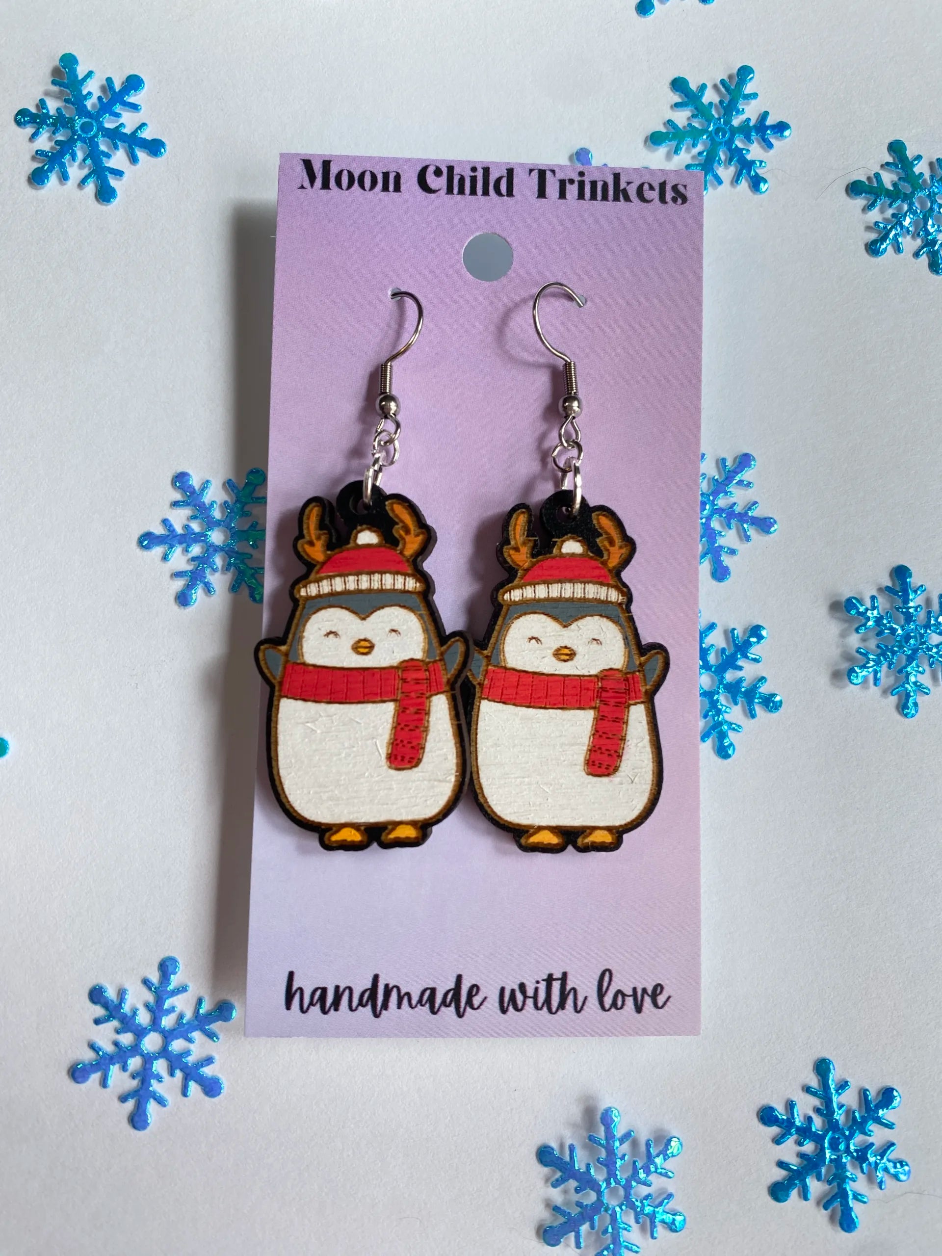 Christmas Penguin Hand Painted Wood Dangle Earrings image 0