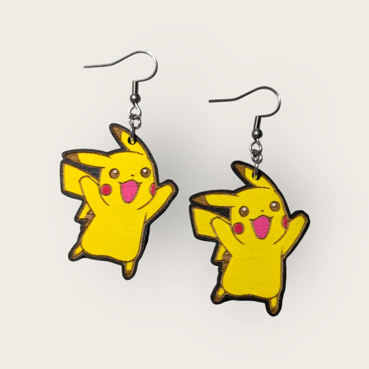 Pikachu Pokemon Hand Painted Wood Dangle Earrings