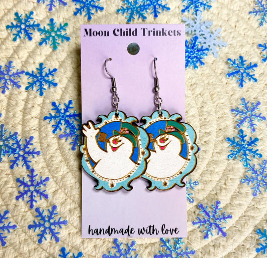 Frosty The Snowman Hand Painted Wooden Drop Earrings image 0