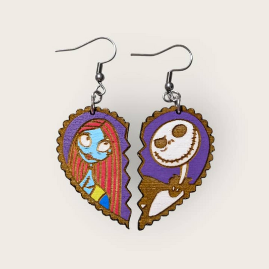 Nightmare Before Christmas Jack and Sally Heart Hand Painted Wood Dangle Earrings