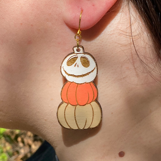 Halloween Jack Skellington Pumpkins Hand Painted Wood Huggie Hoop Back Dangle Earrings image 1