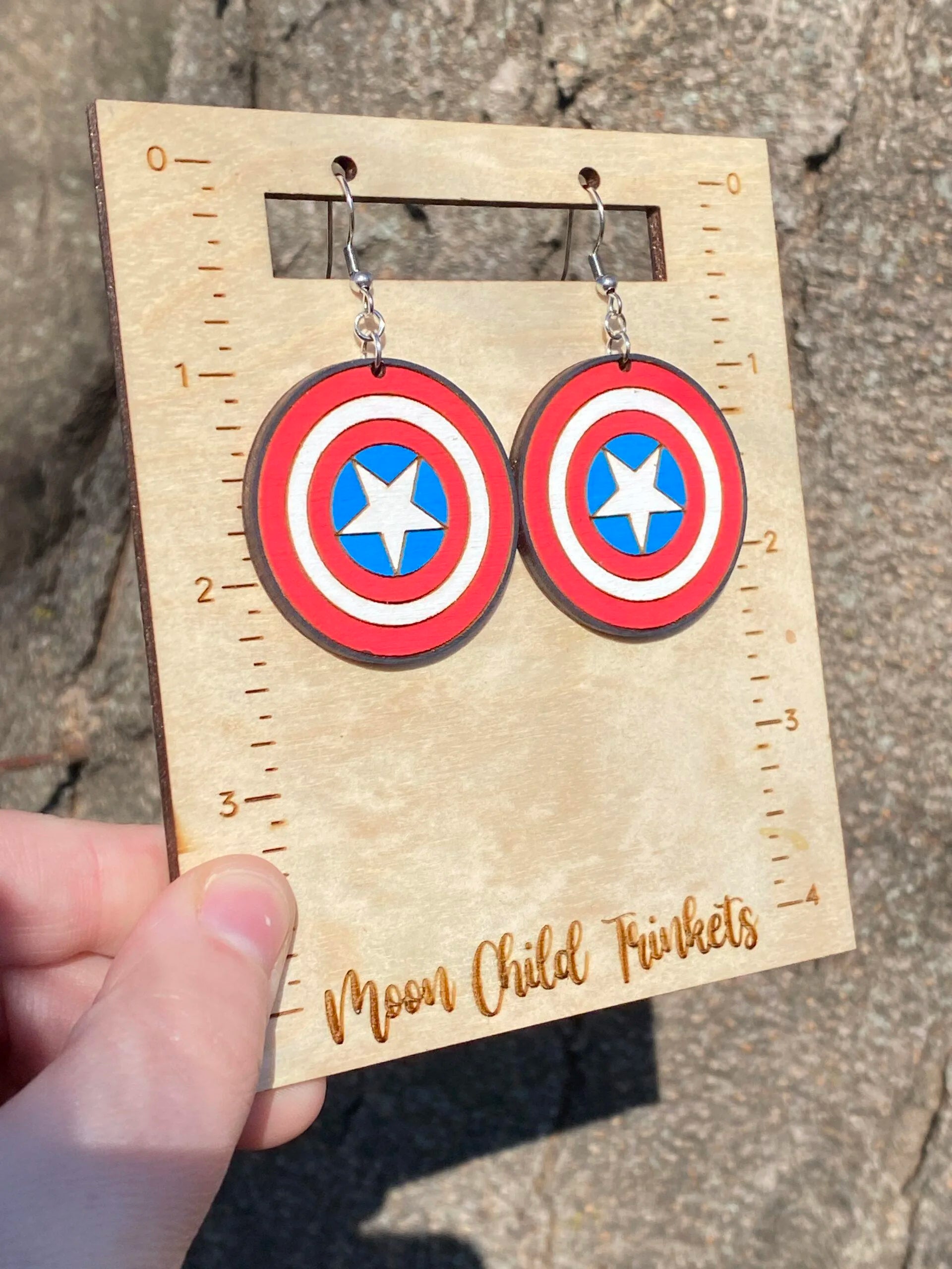 Captain America Shield Hand Painted Wood Dangle Earrings image 0