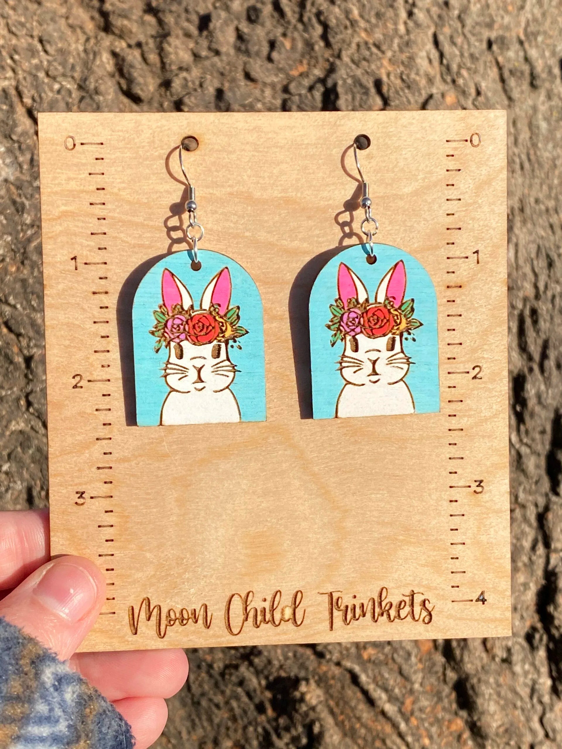 Floral Easter Bunny Hand Painted Wood Dangle Earrings image 2