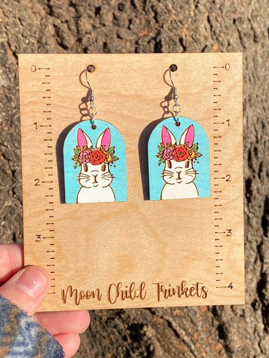 Floral Easter Bunny Hand Painted Wood Dangle Earrings image 2