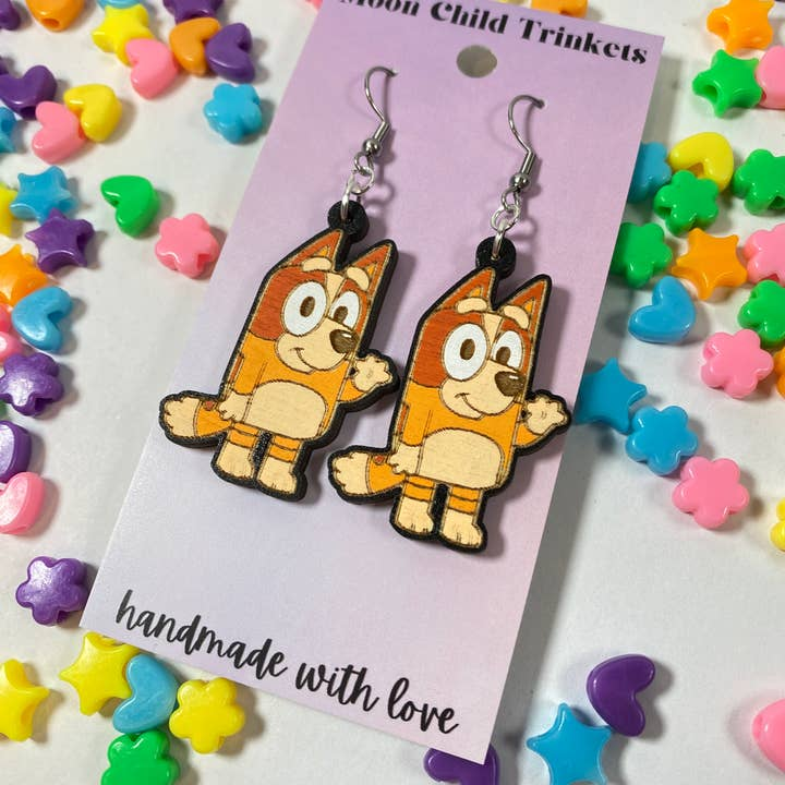 Bingo Hand Painted Wood Dangle Earrings (Bluey inspired)