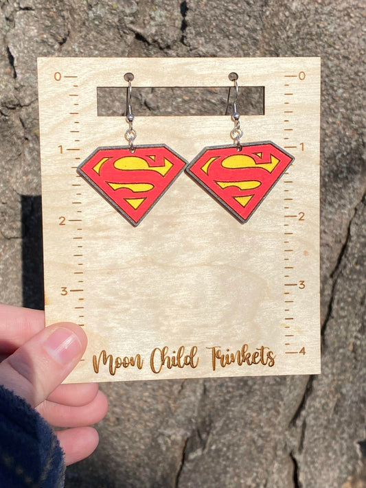 Superman Hand Painted Wood Dangle Earrings image 0