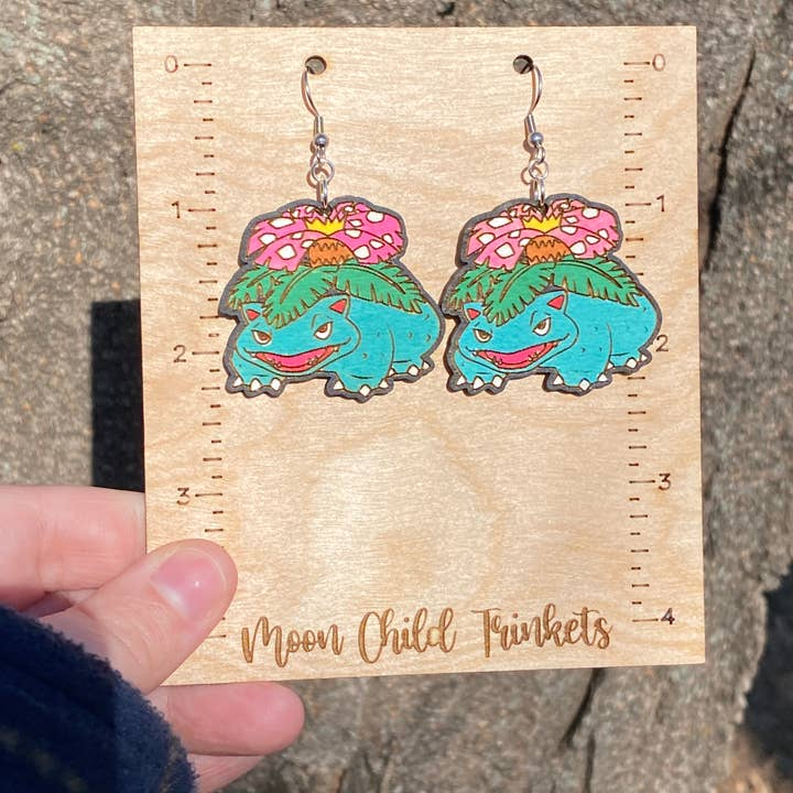 Venusaur Pokemon Hand Painted Wood Dangle Earrings