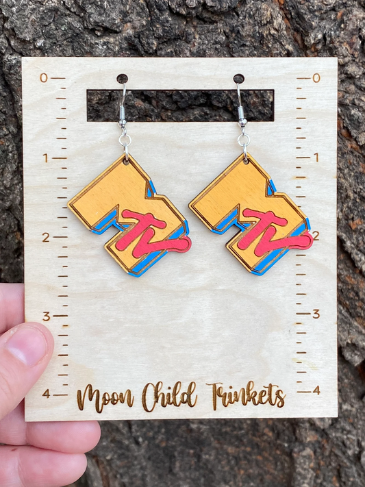 Y2K Nostalgia MTV Inspired Hand Painted Wood Dangle Earrings image 0