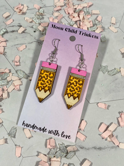 Cheetah Print Pencil Hand Painted Wood Dangle Earrings image 0
