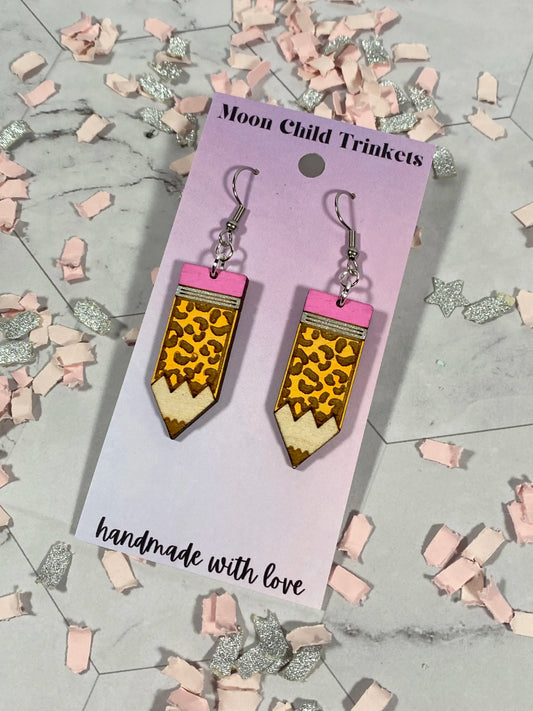 Cheetah Print Pencil Hand Painted Wood Dangle Earrings image 0