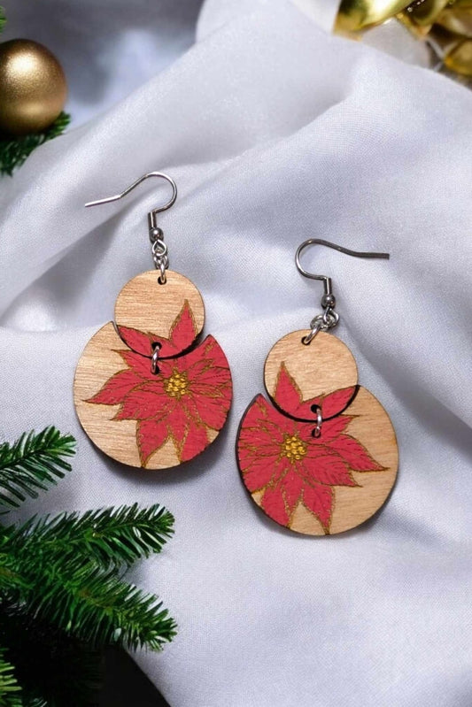 Poinsettia Holiday Rustic Christmas Hand Painted Dangle Earrings