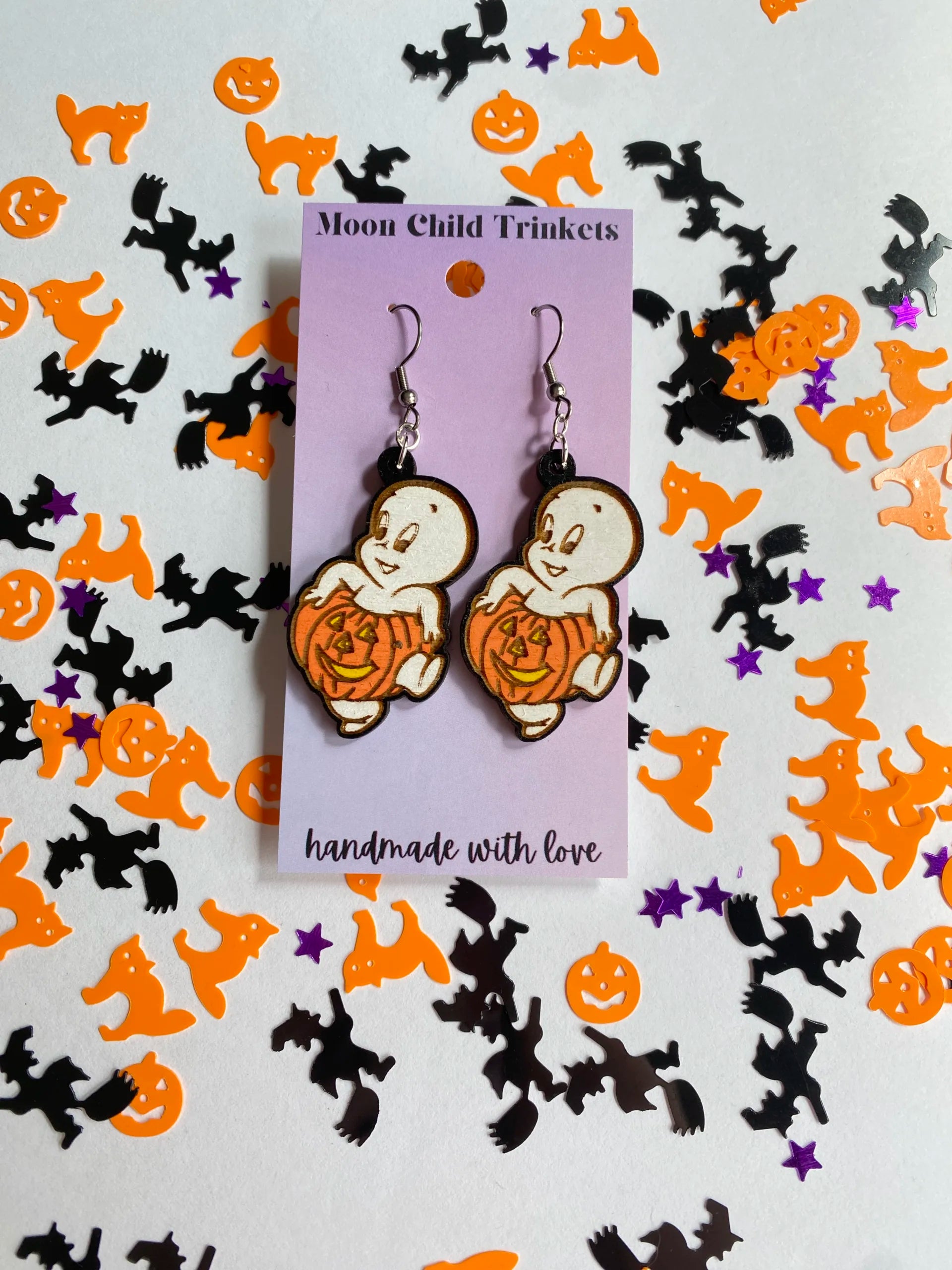 Casper Pumpkin Halloween Hand-Painted Wood Dangle Earrings image 1