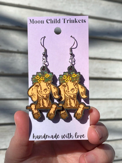 Floral Goat Hand Painted Wood Dangle Earrings image 0