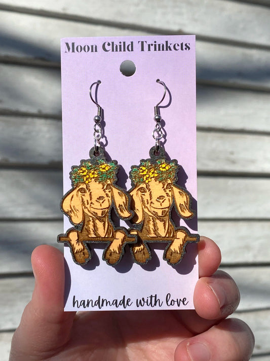 Floral Goat Hand Painted Wood Dangle Earrings image 0