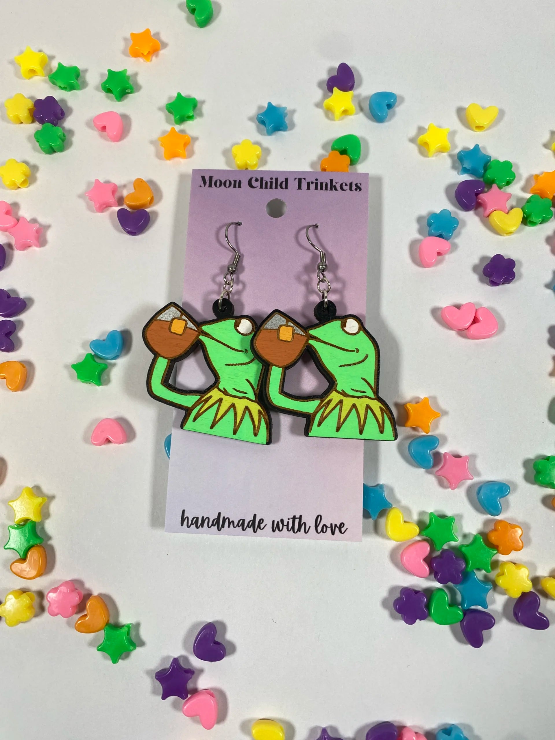 Kermit Tea Sip Meme Hand Painted Wood Dangle Earrings image 1