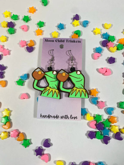 Kermit Tea Sip Meme Hand Painted Wood Dangle Earrings image 1