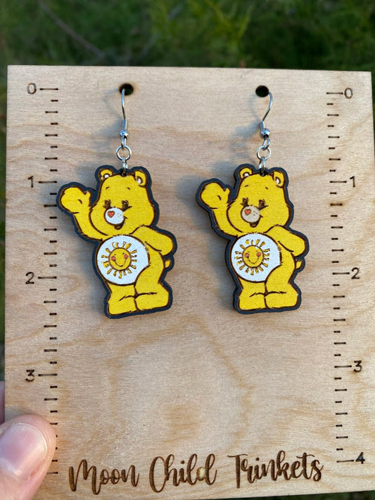 Care Bears Sunshine Bear Hand Painted Wood Dangle Earrings image 0