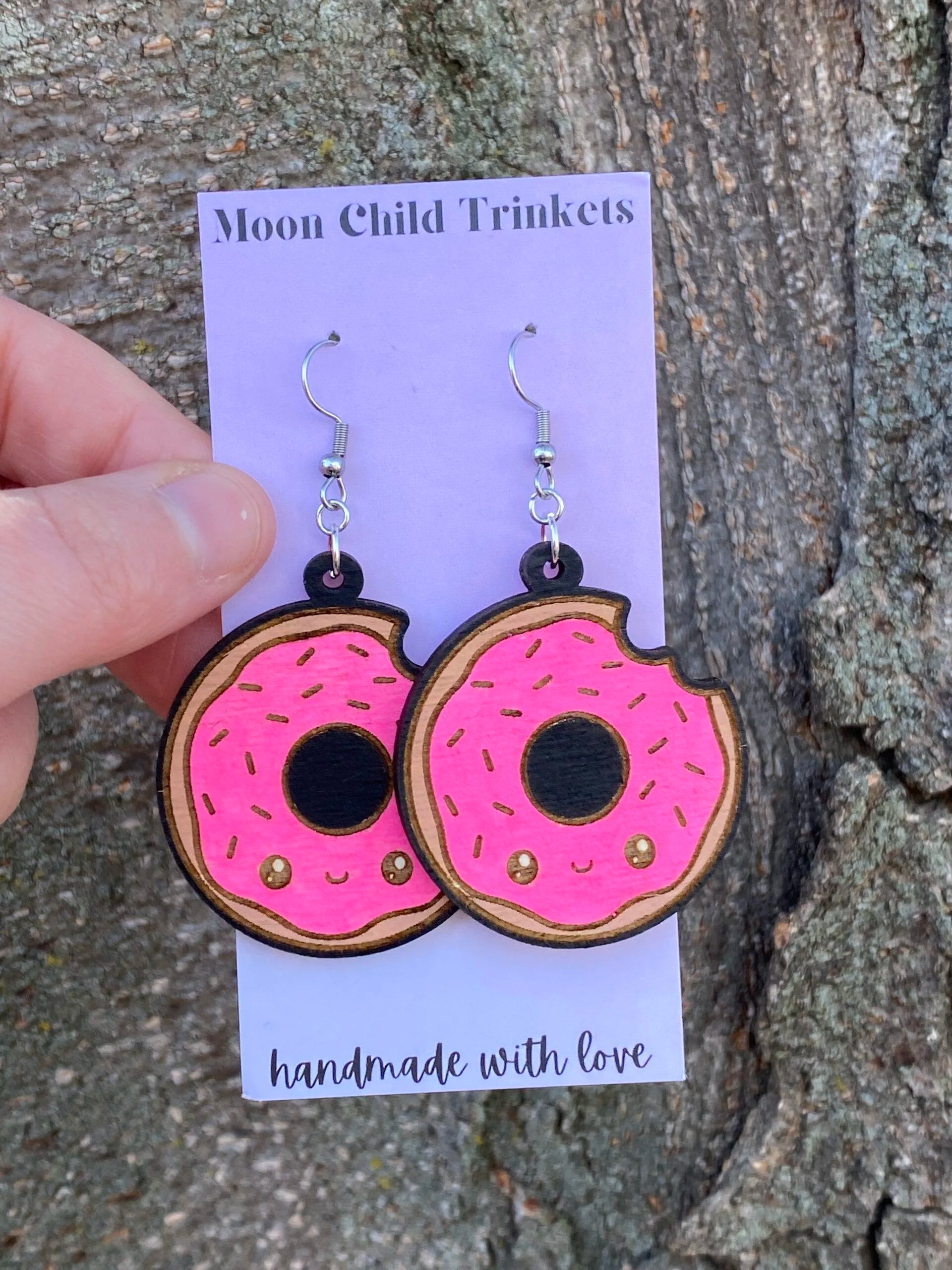 Donut Kawaii Hand Painted Wood Dangle Earrings image 2
