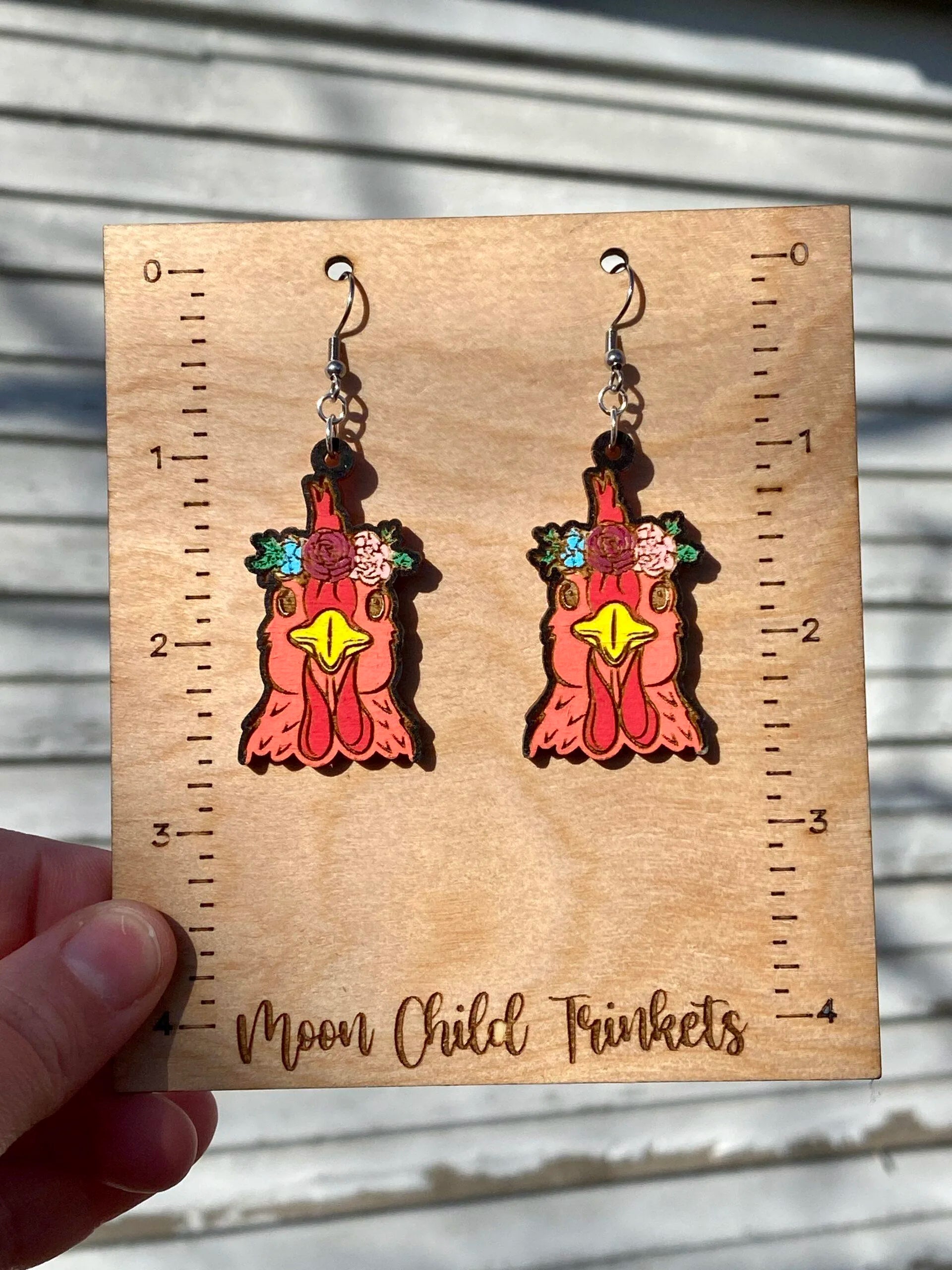 Floral Hen Hand Painted Wood Dangle Earrings image 2